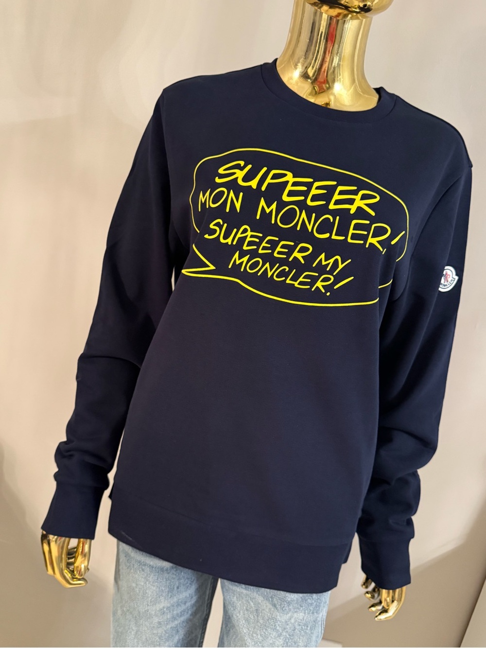 Moncler Navy Crewneck Sweatshirt with Yellow Graphic size M